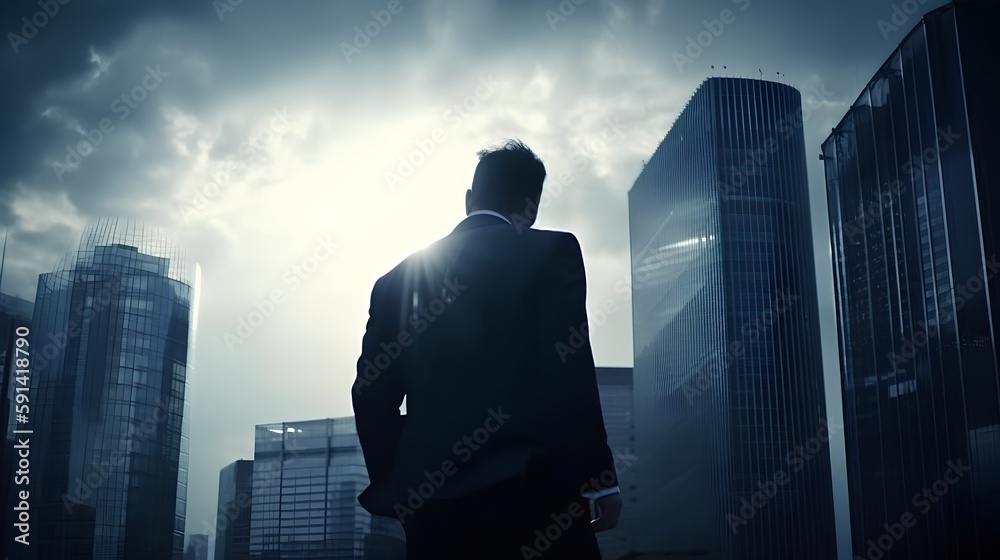 Determined business person standing tall in a urban environment. The back view adds a sense of myste