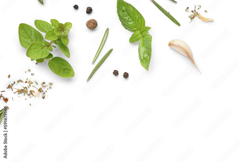Spices and fresh herbs on white background