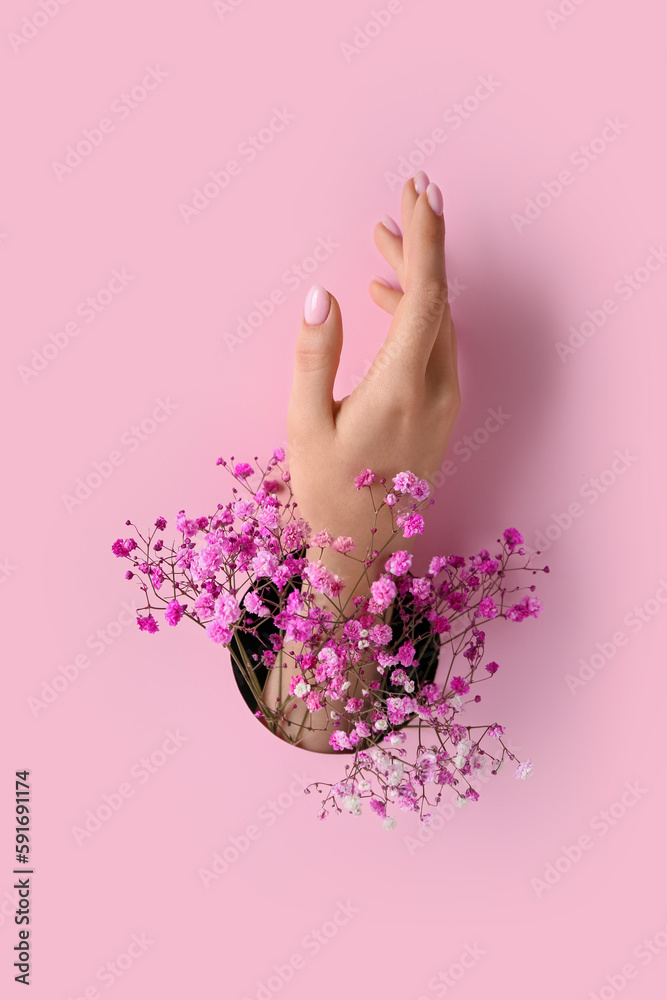 Female hand with gypsophila flowers visible through hole in pink paper