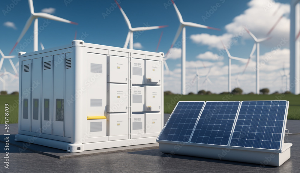 Conceptual image of a modern battery energy storage system with wind turbines and solar panel power 