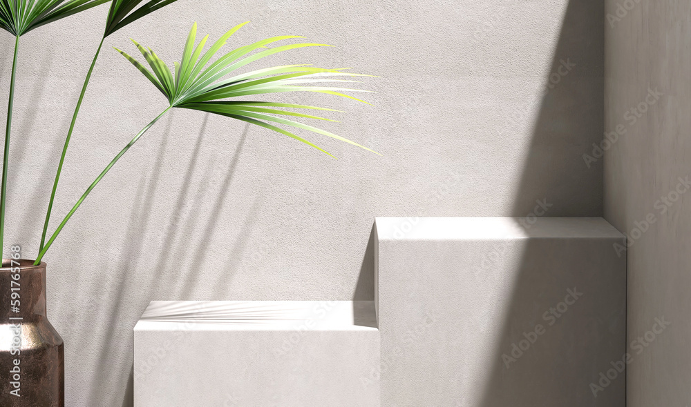 Two square geometric design step concrete podium, palm tree in sunlight, shadow on gray cement corne