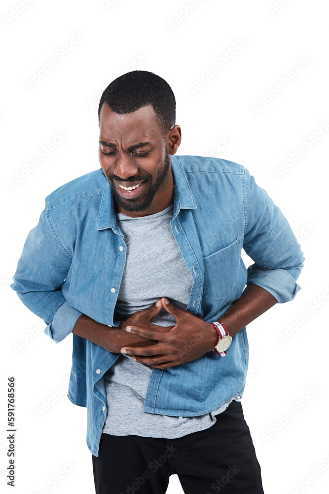 Stomach pain, sick and black man with ibs gas on an isolated and transparent png background. Medical