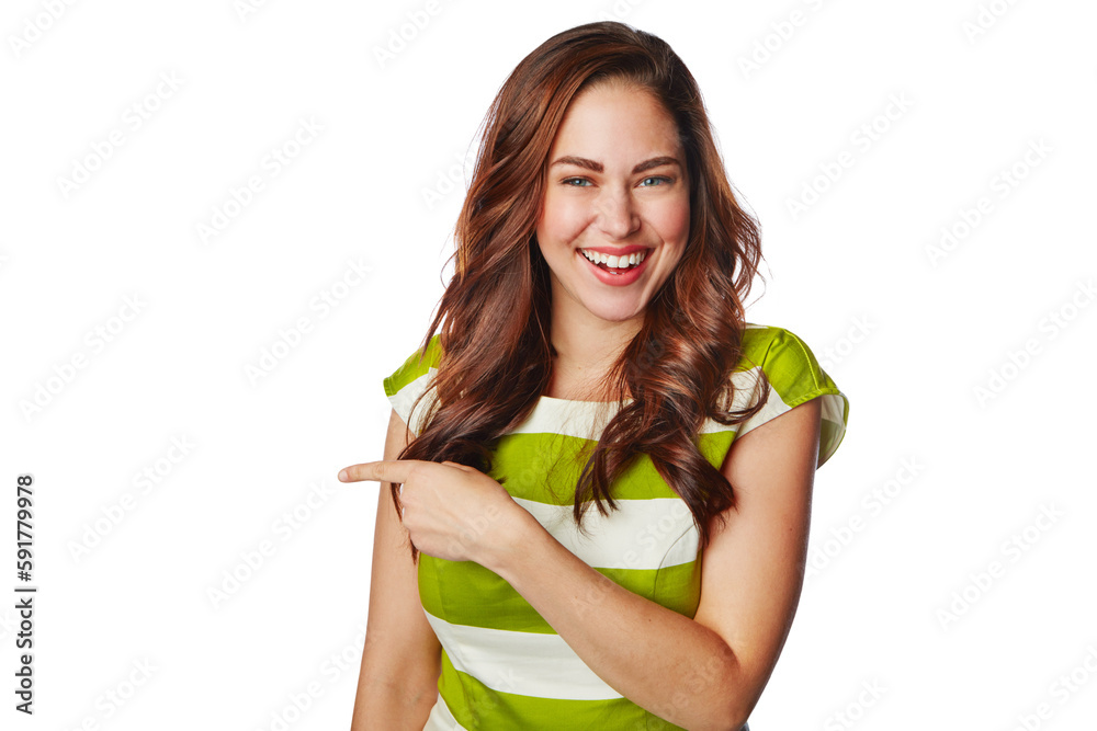 Woman, portrait or pointing finger at promotion mockup, marketing space or advertising on an isolate