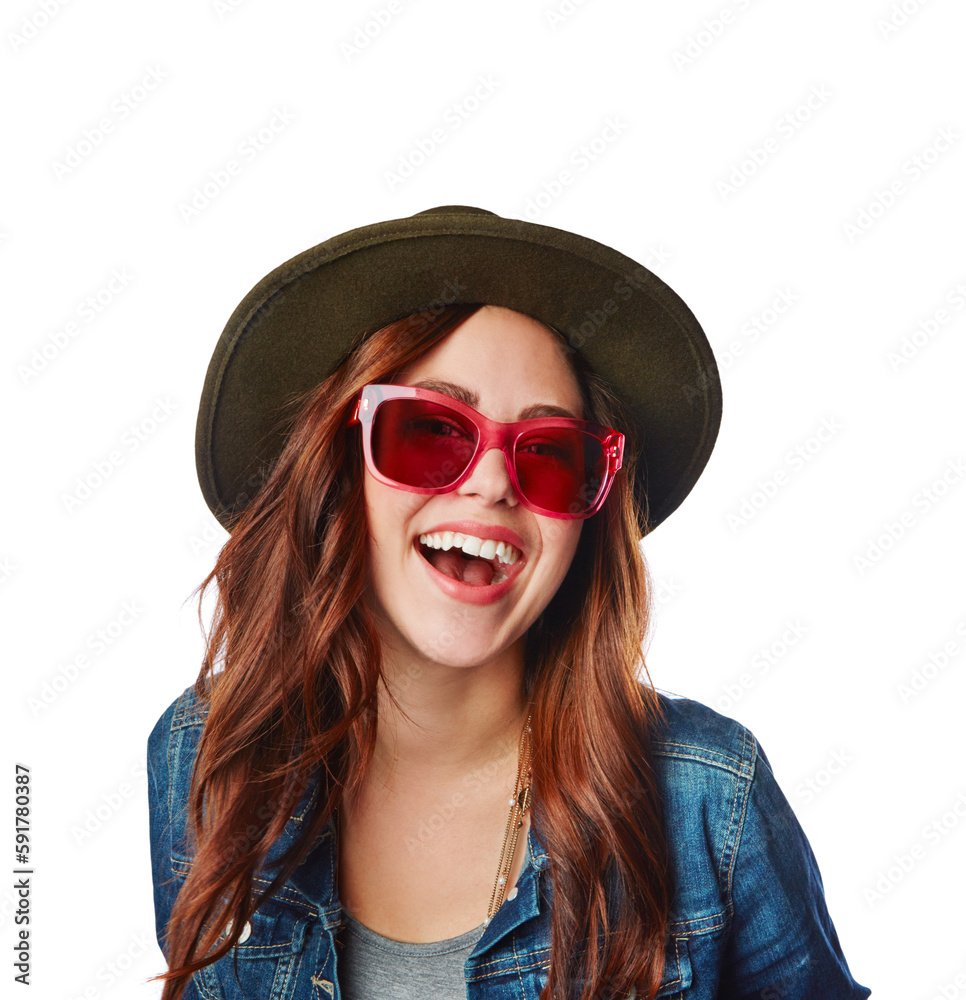 Portrait, fashion and sunglasses with a model woman on an isolated and transparent png background fo