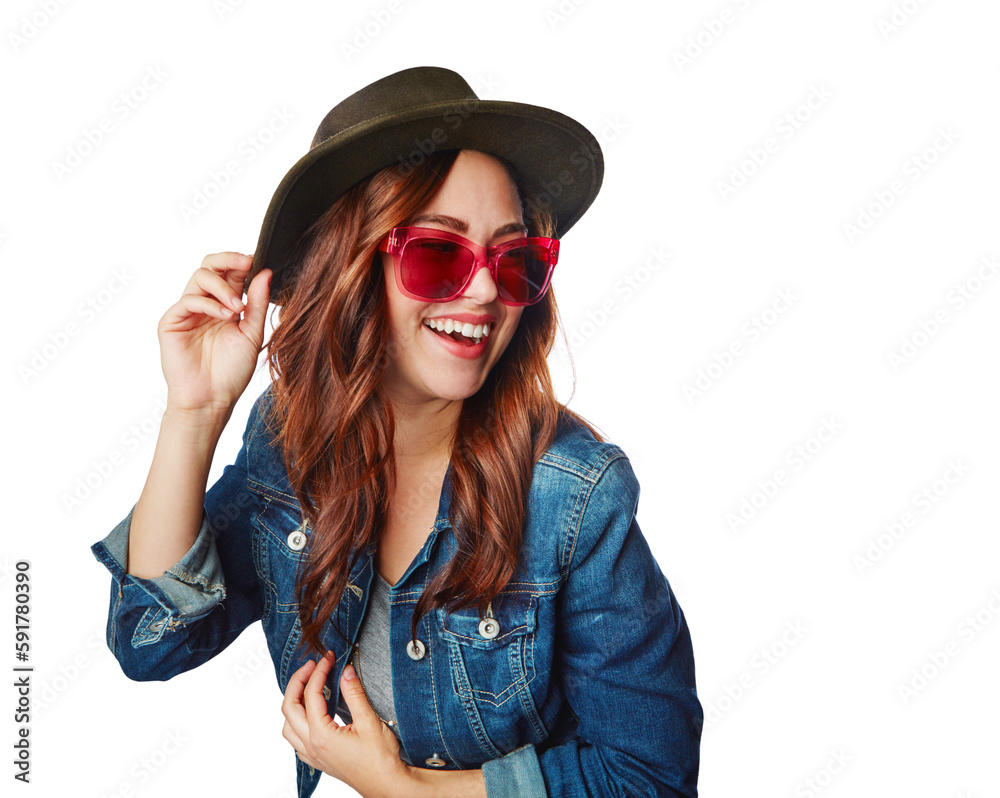 Happy, young and woman in gen z fashion with trendy sunglasses and excited smile for style on an iso
