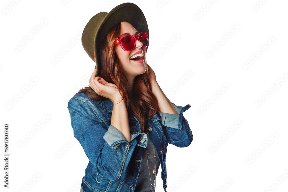 Fashion, youth and trendy woman laugh with cool sunglasses and style with smile on an isolated and t