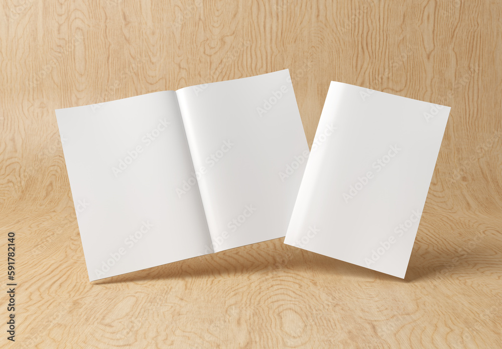 White blank A4 magazine Mockup isolated on wood 3D rendering