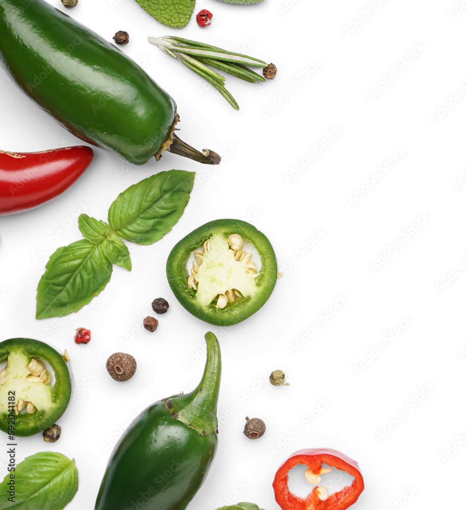 Composition with fresh vegetables and spices isolated on white background, closeup