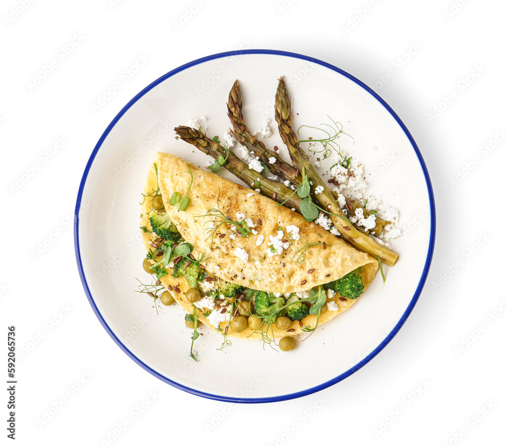 Tasty omelet with broccoli, pea and asparagus on white background