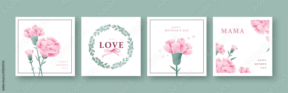 Set of Mothers day greeting cards with carnation flowers.