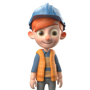 cute icon 3D Builder man or engineer standing in professional uniform, helmet. Repair service, laborer or constructor work. Cartoon minimal style on isolated transparent background png. Generative AI