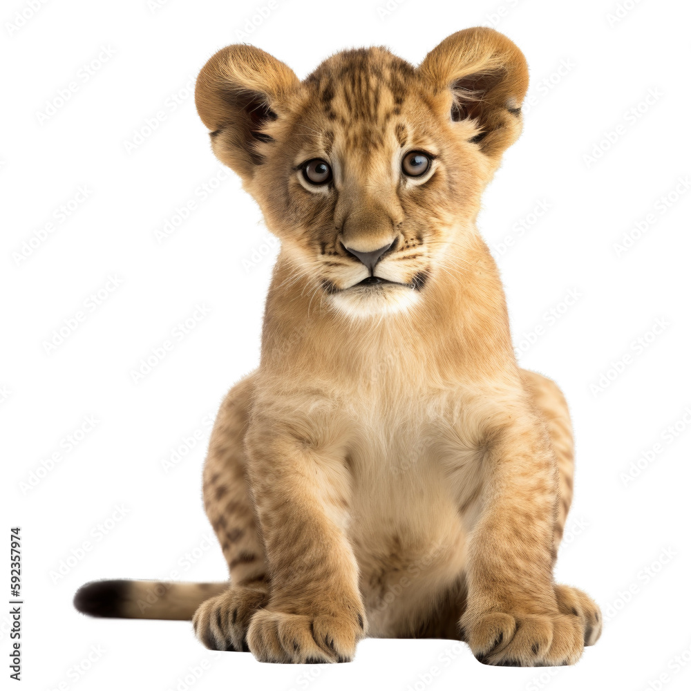 lion cub sitting , isolated on transparent background cutout , generative ai