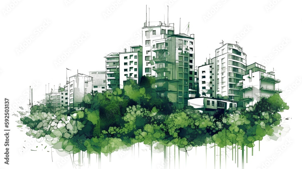 Vertical gardens on modern buildings with urban farming illustration. Generative AI