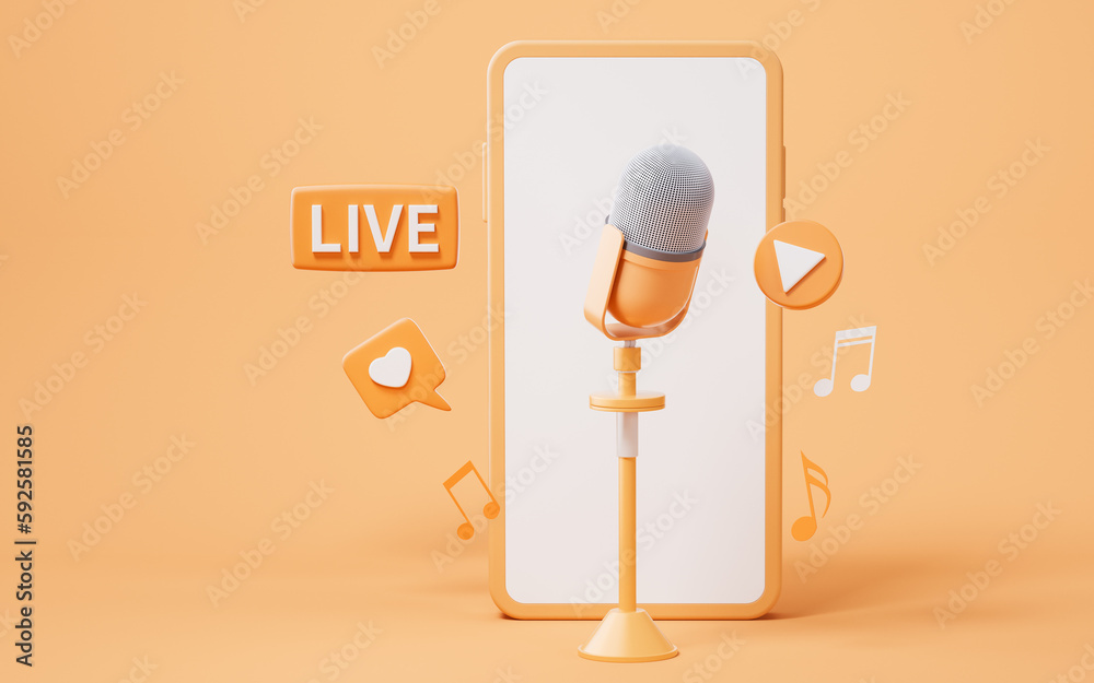 Microphone and live streaming, 3d rendering.