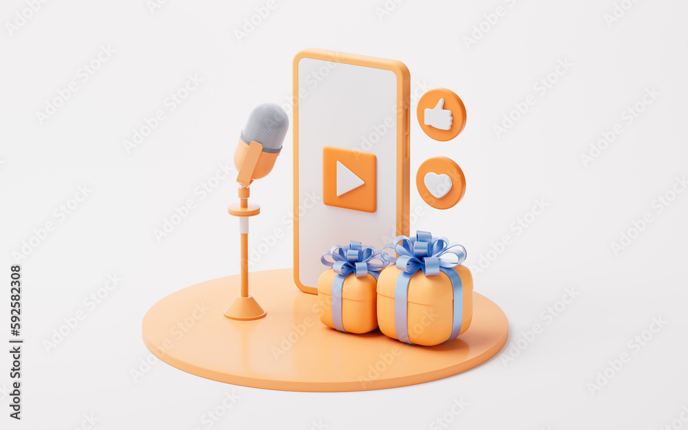 Microphone live streaming and gift boxes, 3d rendering.