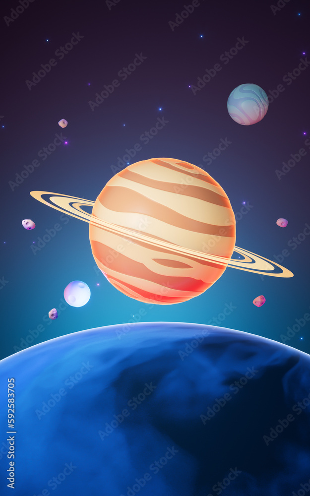 Cartoon style planet in the outer space, 3d rendering.
