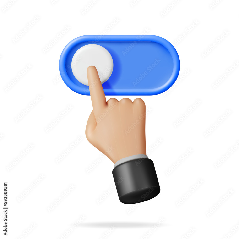 3D Hand and Switch Button Isolated on White. Render Hyman hand Index Finger and Button for Various A