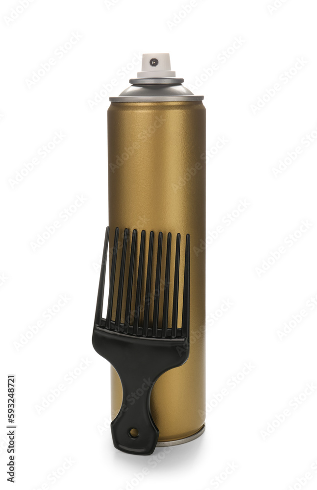 Bottle of hair spray and comb on white background