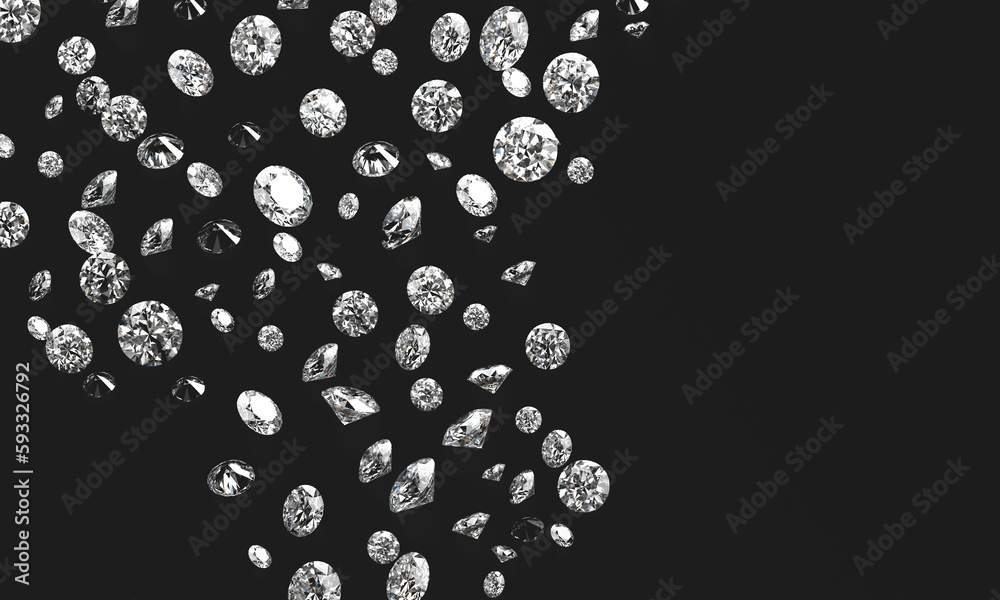 Diamond Group placed on Black Background 3D rendering