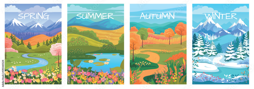 Four seasons nature landscape colorful illustartion. Spring mountains, summer lake, autumn fields an