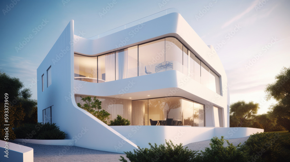 White modern villa. Illustration AI Generative.