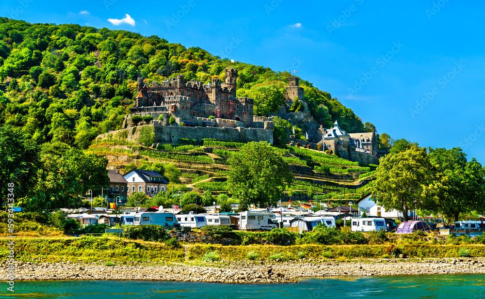 View of Reichenstein Castle in Upper Middle Rhine Valley. UNESCO world heritage in Germany