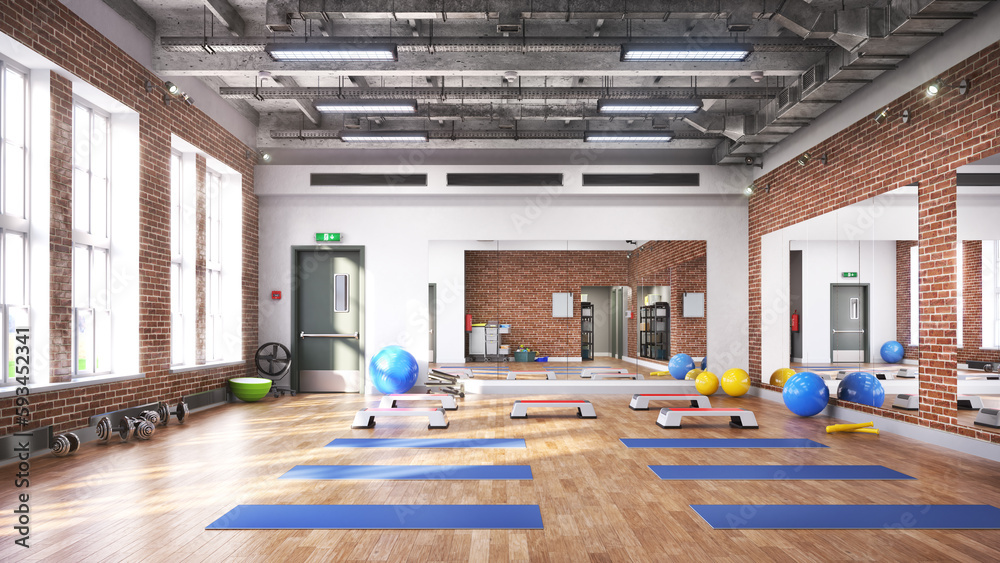 Fitness gym with mirrors and windows. 3d illustration