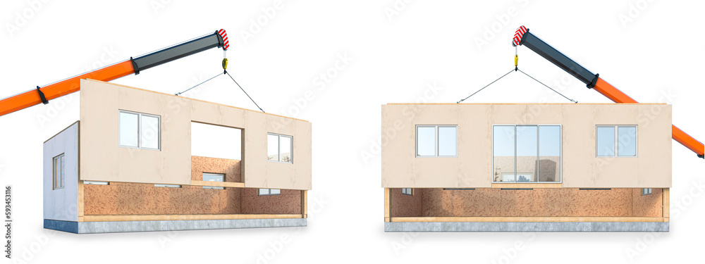 Process of building a modular house from sip panels on a white background. 3d illustration