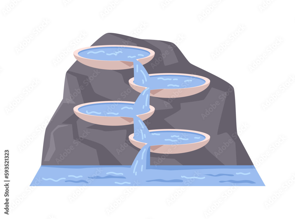 Fountain on rock with cascades and streams of water. Isolated decorative structure. Reservoir with p
