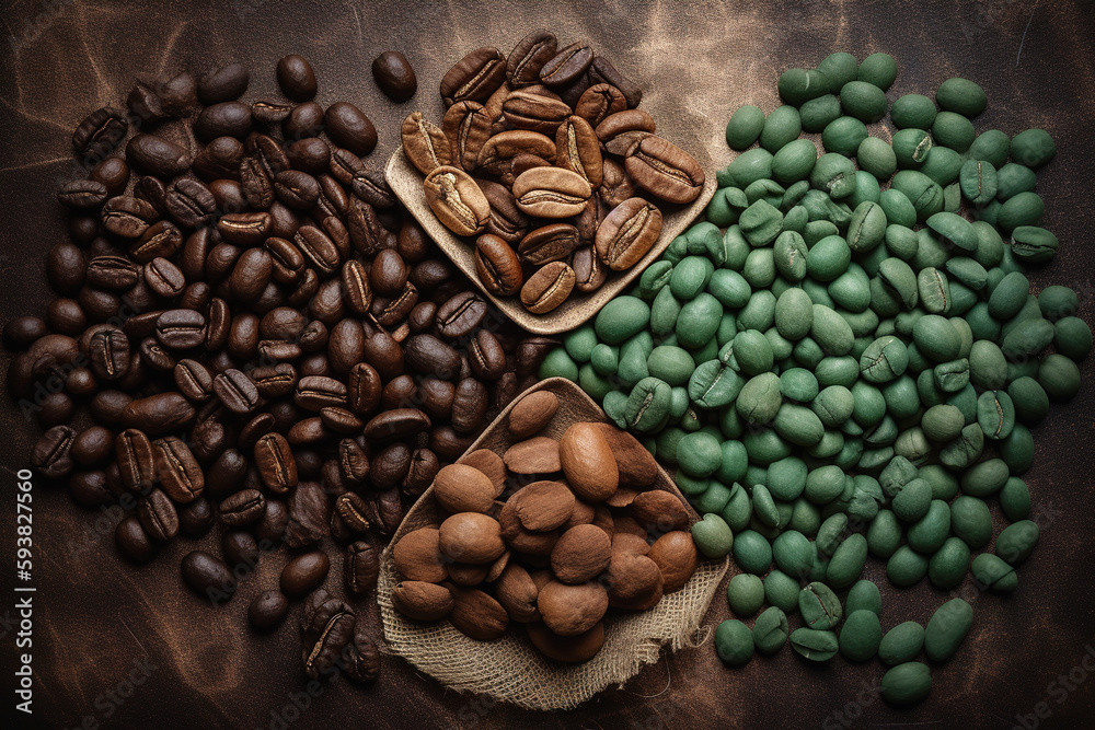 Coffee beans and ground flour on the background. Top view with text replication space