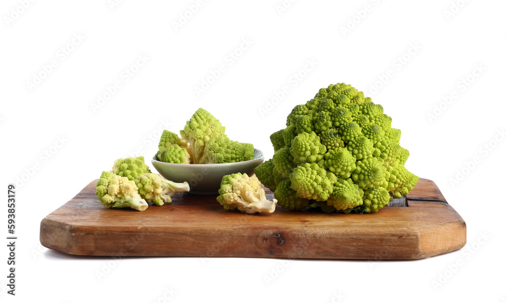 Wooden board and bowl with romanesco cabbage on white background