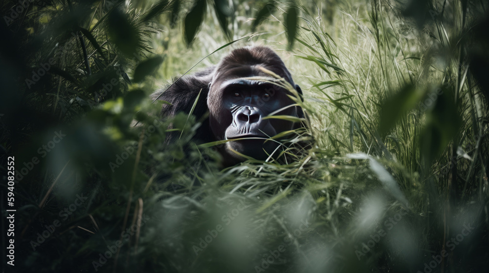 Giant gorilla hiding in the weeds  Illustration AI Generative.