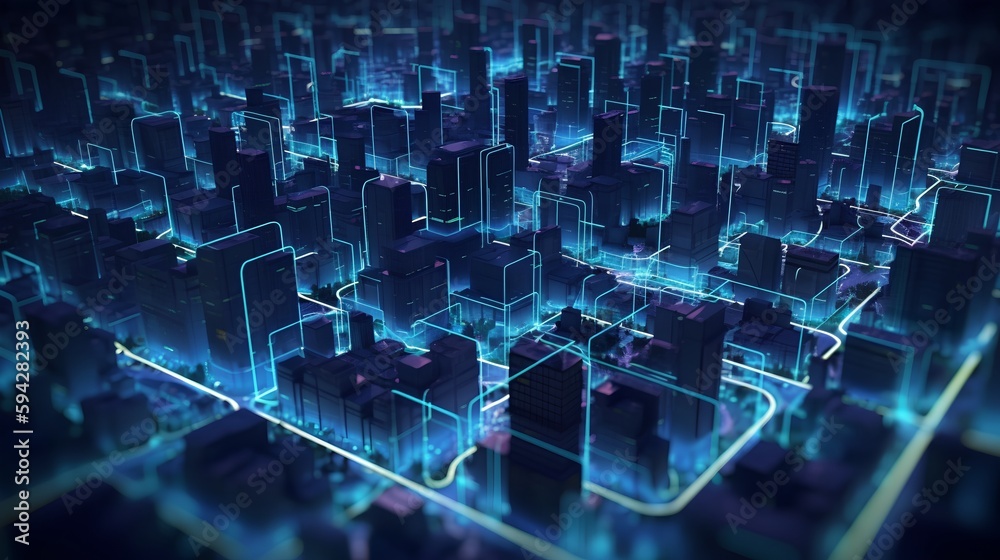 Smart city on a dark blue background, featuring intelligent infrastructure and connected buildings. 