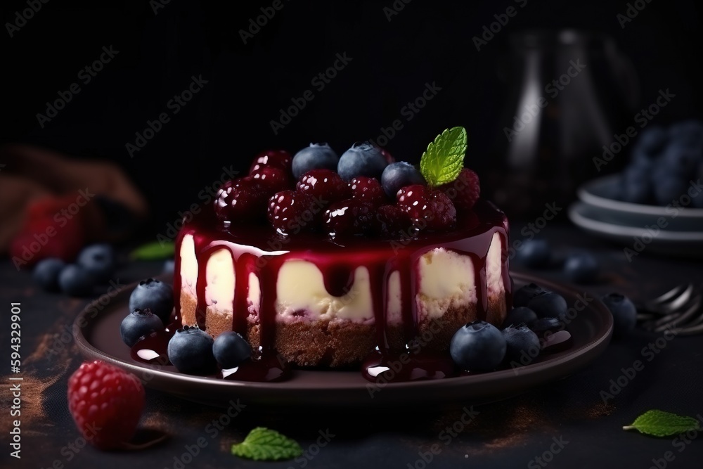  a cake with berries and blueberries on a plate with a fork and a glass of wine on the side of the p