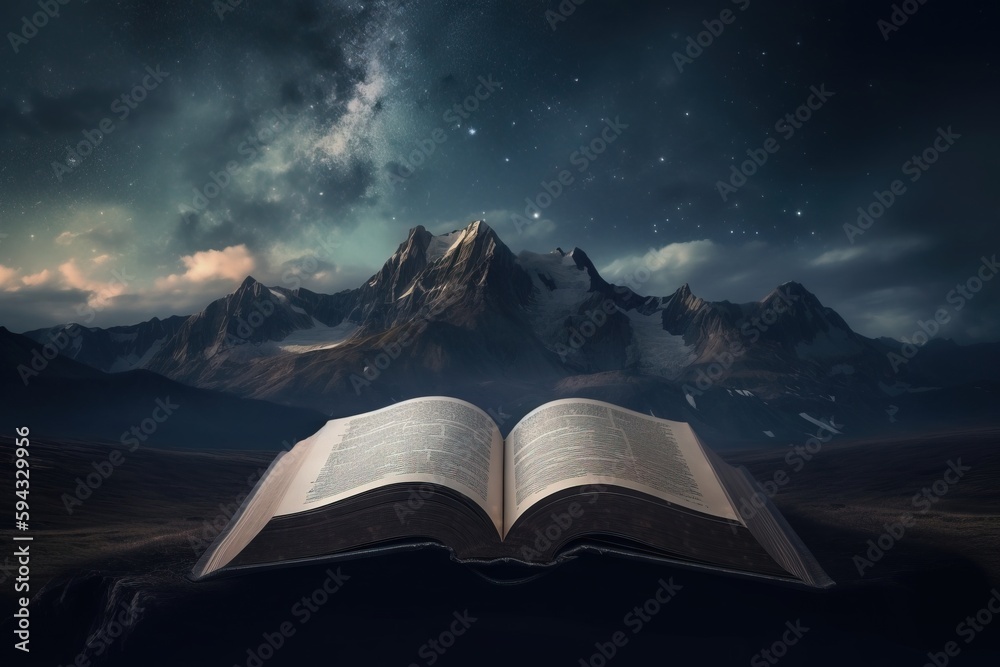  an open book sitting on top of a field under a night sky filled with stars and a mountain range in 