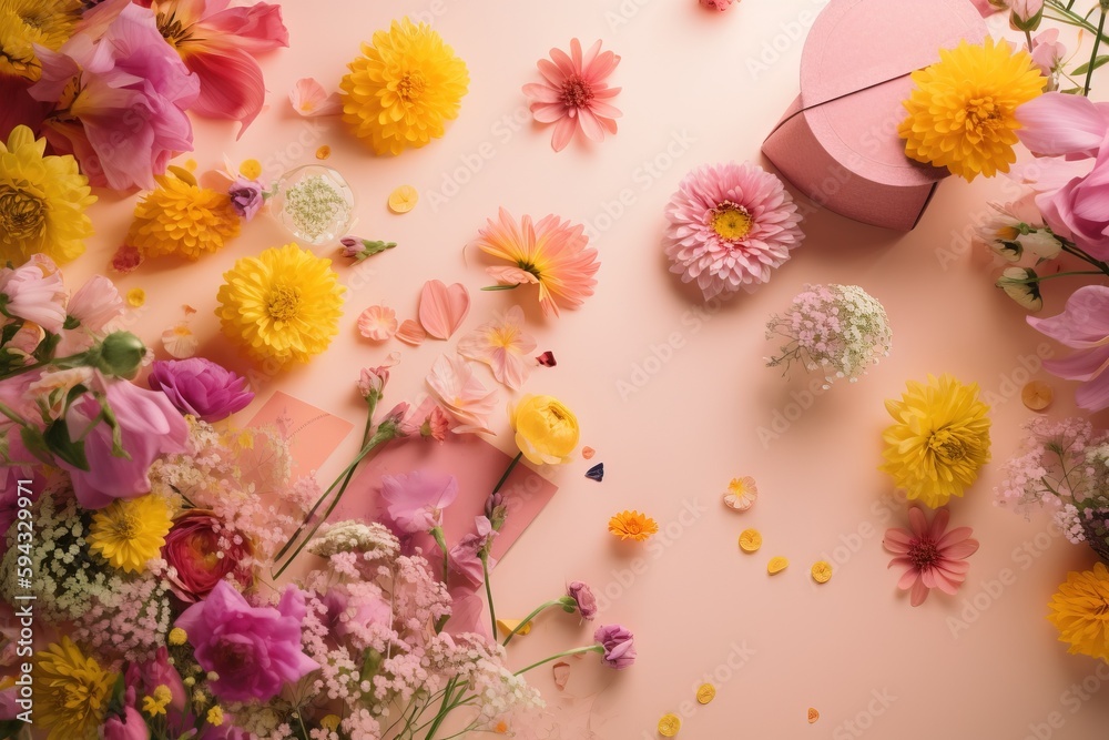  a bunch of flowers that are on a pink surface with a heart shaped box in the middle of the picture 