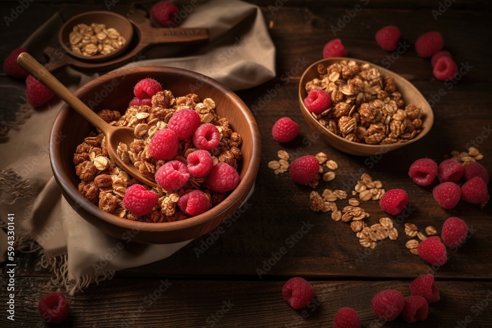  a bowl of granola with raspberries on a wooden table next to a bowl of granola with raspberries on 