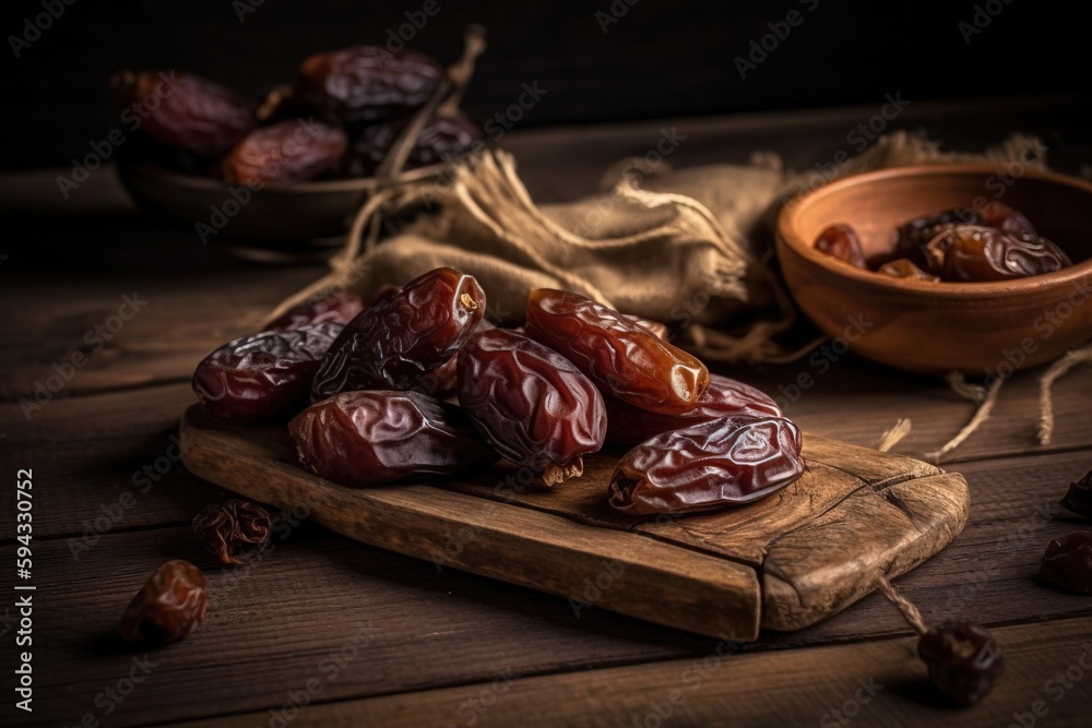  a wooden cutting board topped with dates next to a bowl of raisins and a sack of dried raisins on a