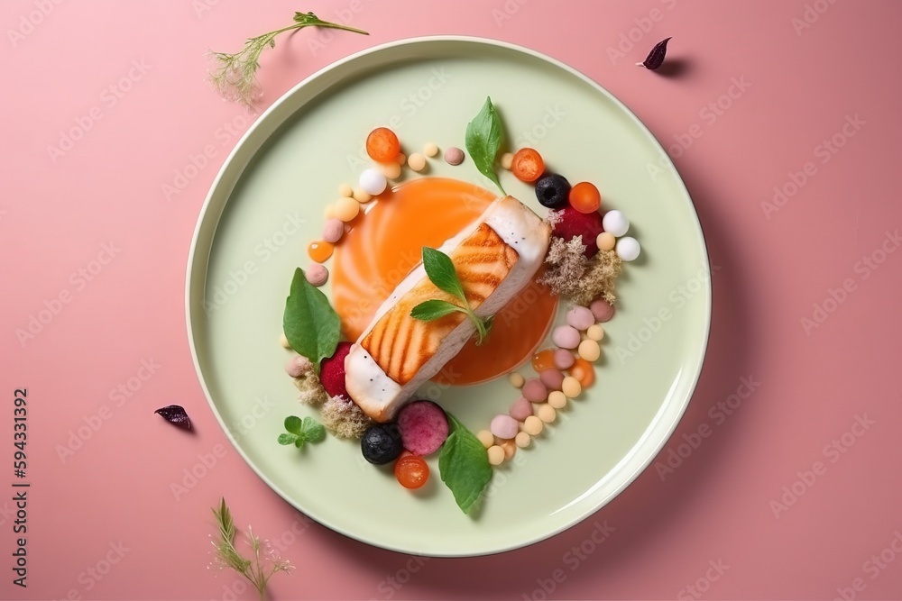  a plate with a dessert on it on a pink surface with leaves and flowers around it and a pink backgro