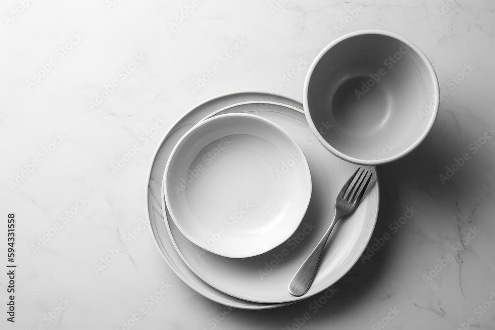 a white plate with a fork and a bowl with a spoon on top of it on a marble table top with a white m