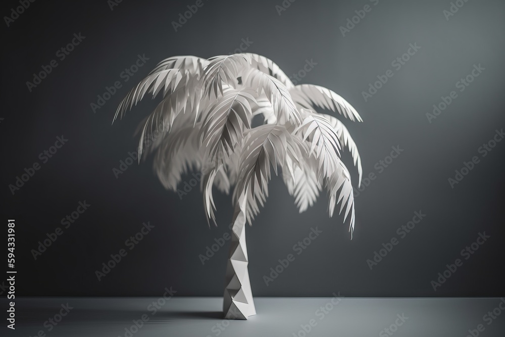  a white palm tree in a black and white photo with a gray background and a black and white backgroun