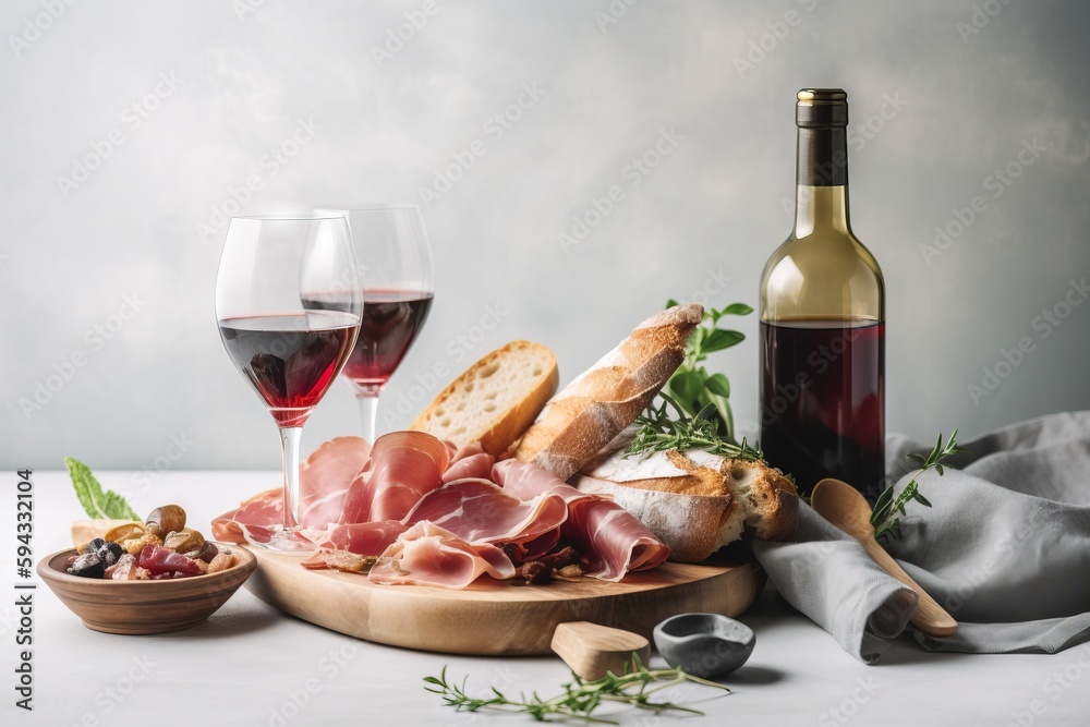  a table topped with bread, meats and a glass of wine next to a bottle of wine and two glasses of wi