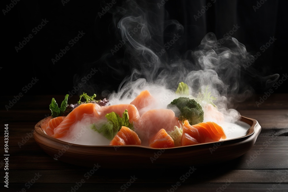  a plate of food with smoke coming out of it and broccoli on the side of the plate on a table with a