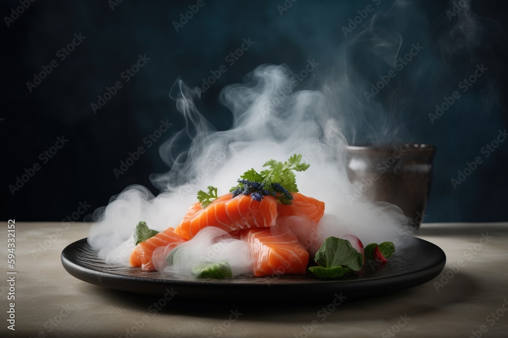  a plate of food with smoke coming out of it and a cup of tea on the side of the plate on a table wi