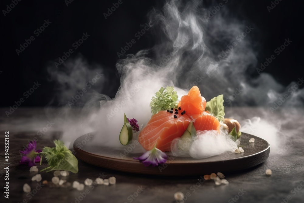  a plate of sushi with smoke coming out of the top and vegetables on the side on a black surface wit