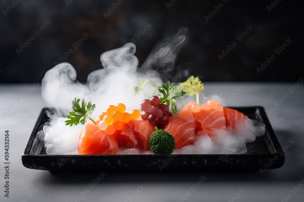  a plate of food with smoke coming out of it and broccoli on top of the plate on the side of the pla