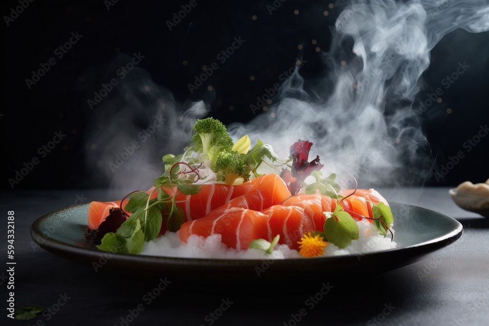  a plate of sushi on a table with smoke coming out of the top of it and broccoli on the side of the 