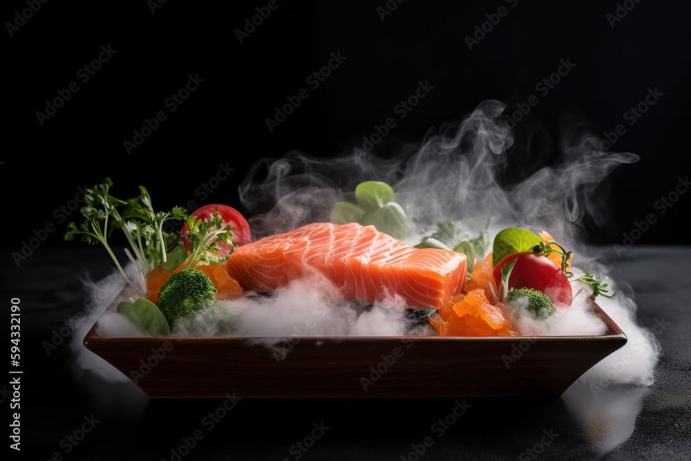 a plate of salmon, broccoli, carrots, tomatoes, peppers, and broccoli on a black background with st