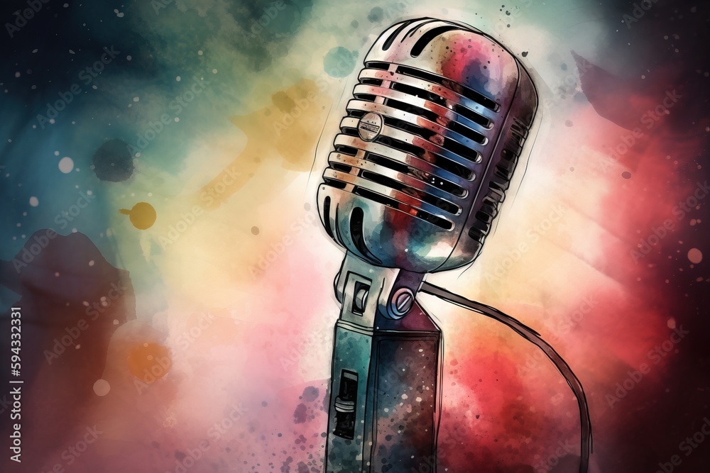  an old fashioned microphone on a stand with a watercolor splash background and a spray of paint on 