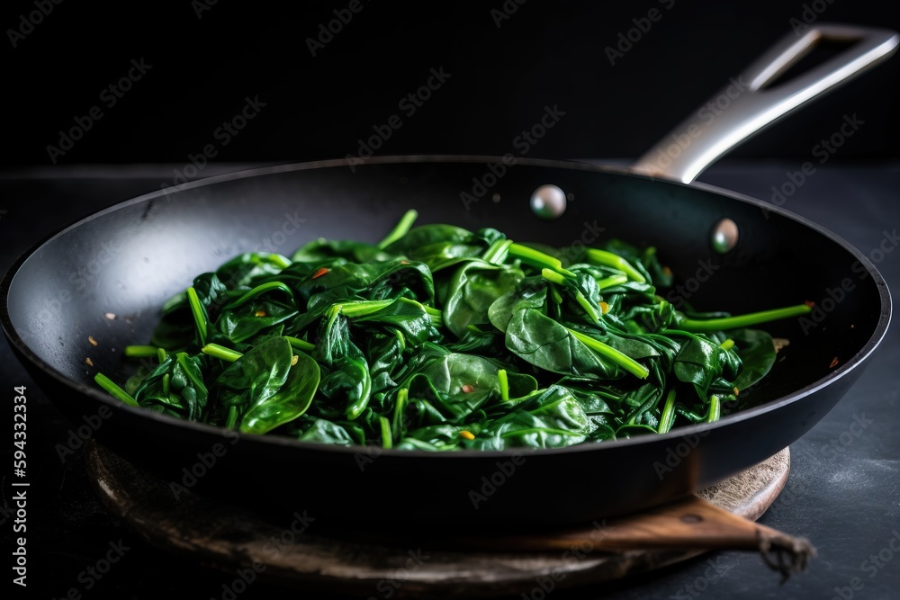  a pan filled with spinach on top of a wooden cutting board next to a wooden spoon and a wooden spat